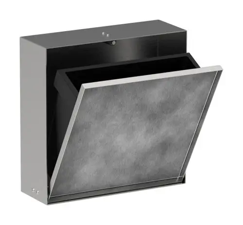 Einbau-Abfalleimer aus gebürstetem Edelstahl mit einer befliesbaren Tür. Das Produkt stammt von Hansgrohe und ist für die Wandmontage geeignet.